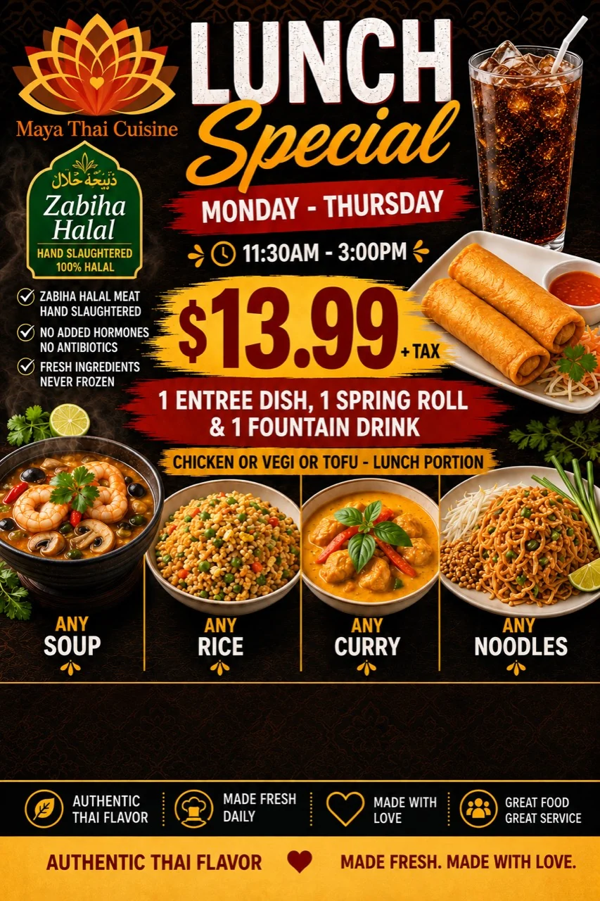 Maya Thai Cuisine & Sushi New Tampa / Wesley Chapel weekday lunch offer with dishes and prices