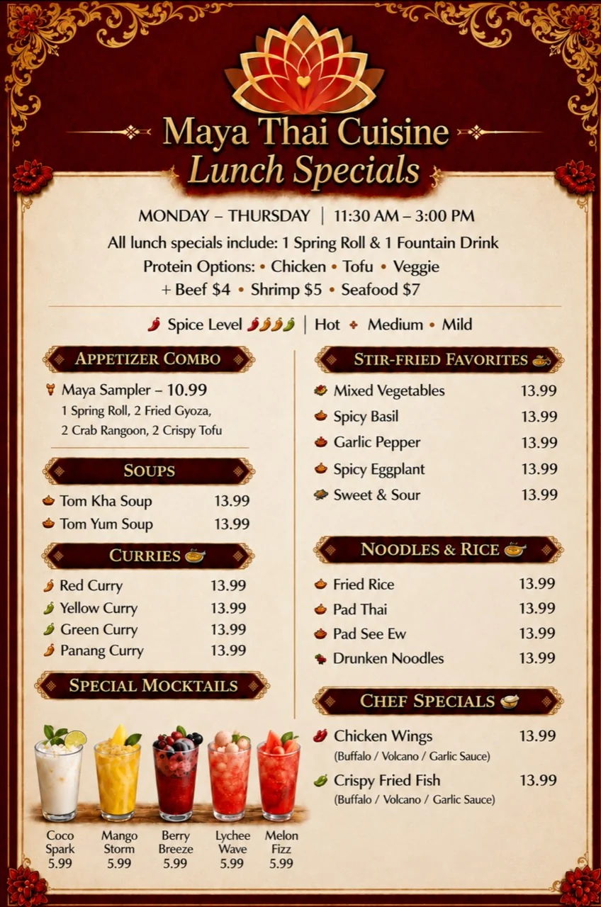 Maya Thai Cuisine & Sushi New Tampa / Wesley Chapel lunch specials with dishes and prices