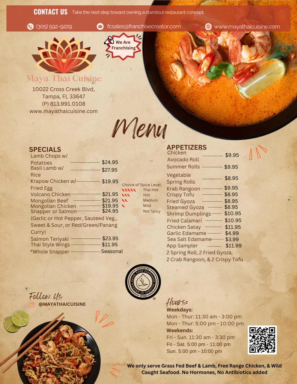Maya Thai Cuisine & Sushi New Tampa / Wesley Chapel thai specials & appetizers with dishes and prices