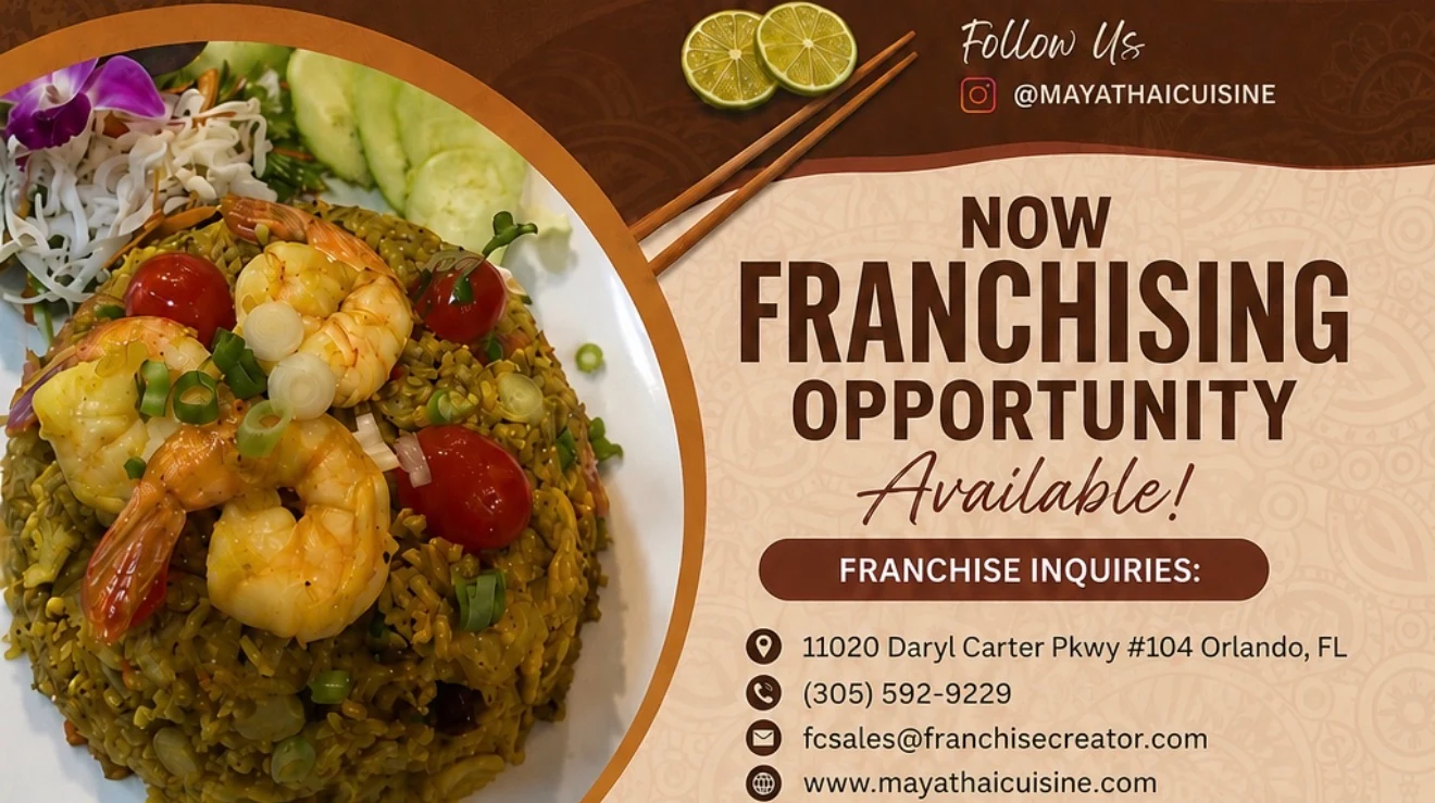Maya Thai Cuisine franchise opportunity graphic with a Thai rice dish and franchise inquiry details