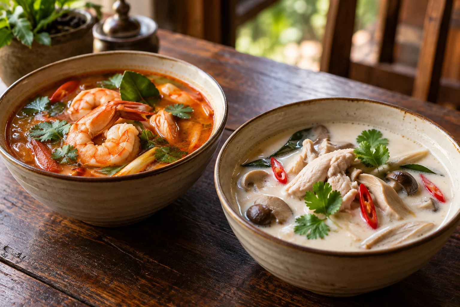 Illustration comparing reddish Tom Yum soup and pale coconut Tom Kha soup